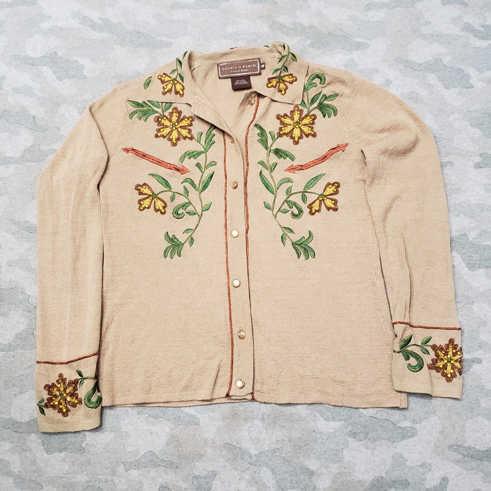 Double D Ranch Top Womens Large Brown Embroidered Floral Western Snap